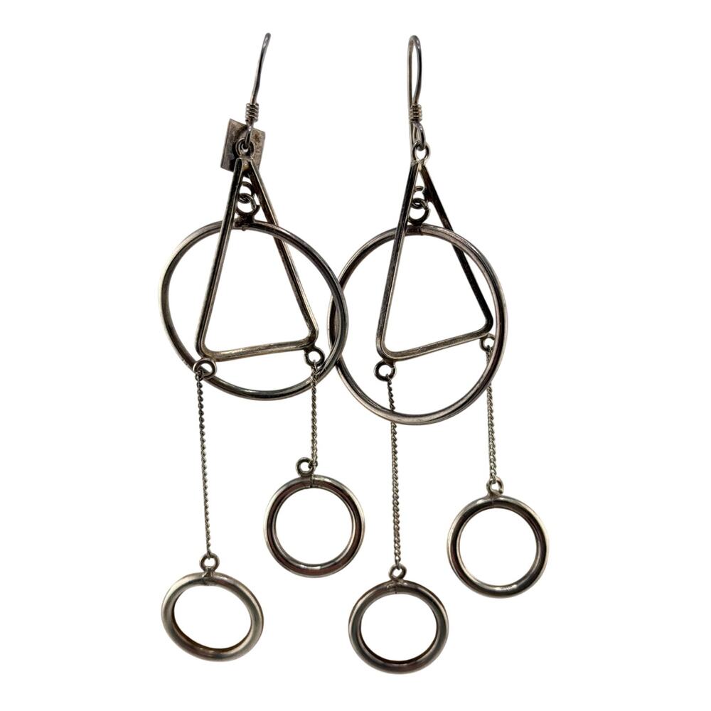 Vintage Mexico Circle Hammered Oxidized 925 Sterling Silver Drop Earrings